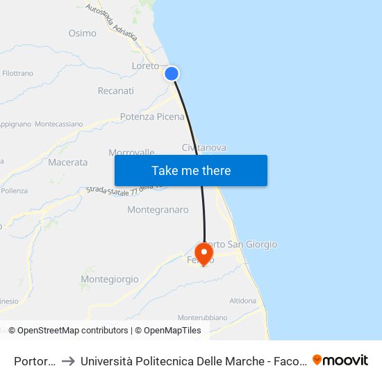 Portorecanati to Università Politecnica Delle Marche - Facoltà Di Ingegneria - Sede Di Fermo map