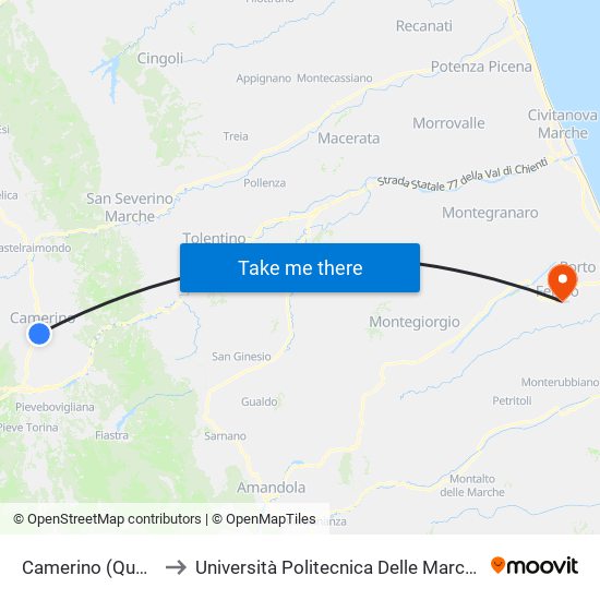 Camerino (Quartiere Vallicelle - Itc) to Università Politecnica Delle Marche - Facoltà Di Ingegneria - Sede Di Fermo map