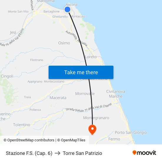Stazione F.S. (Cap. 6) to Torre San Patrizio map