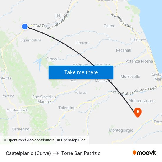 Castelplanio (Curve) to Torre San Patrizio map