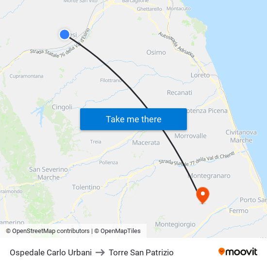 Ospedale Carlo Urbani to Torre San Patrizio map