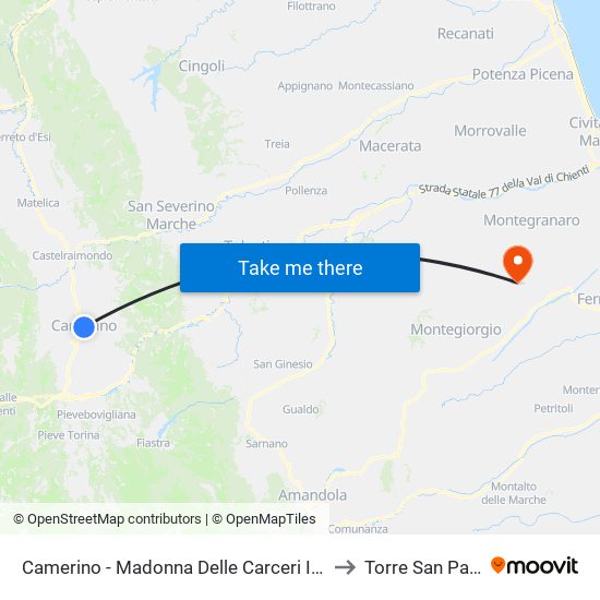 Camerino - Madonna Delle Carceri Inc. Unicam to Torre San Patrizio map