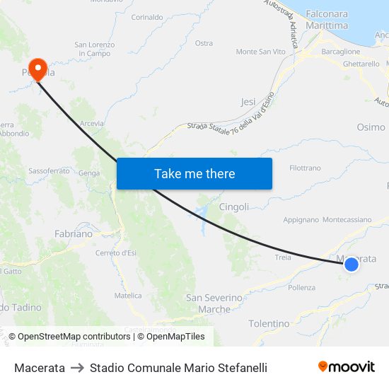 Macerata to Stadio Comunale Mario Stefanelli map