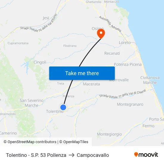 Tolentino - Provincial Road 53 Pollenza to Campocavallo map