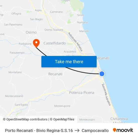 Porto Recanati - Regina-SS16 Junction to Campocavallo map
