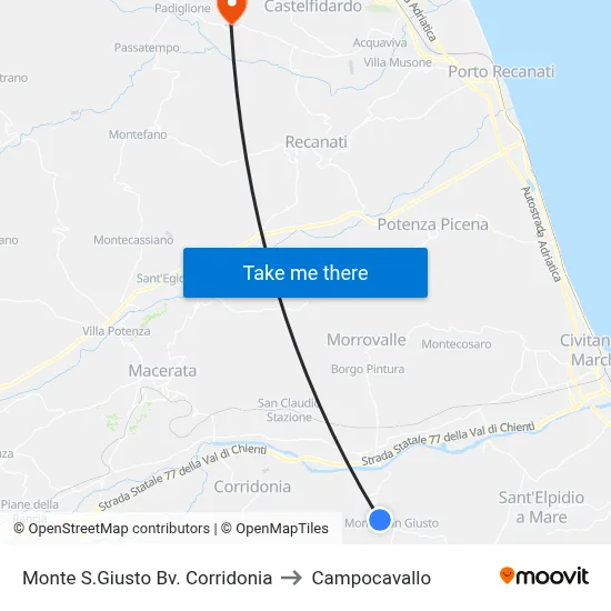 Monte San Giusto Corridonia Junction to Campocavallo map