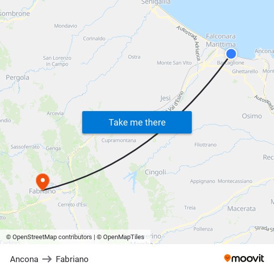 Ancona to Fabriano map