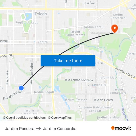 Jardim Pancera to Jardim Concórdia map