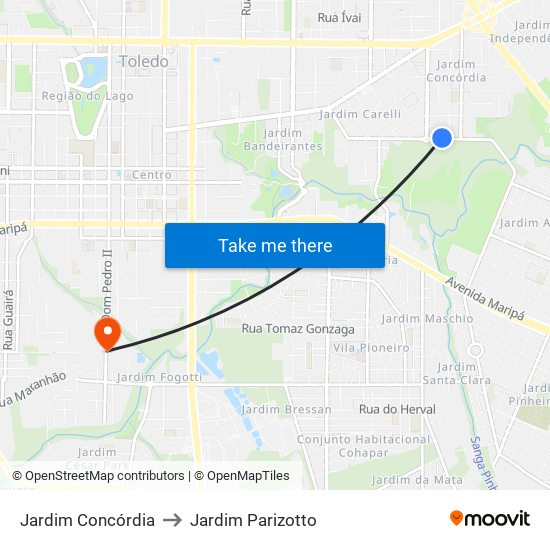 Jardim Concórdia to Jardim Parizotto map