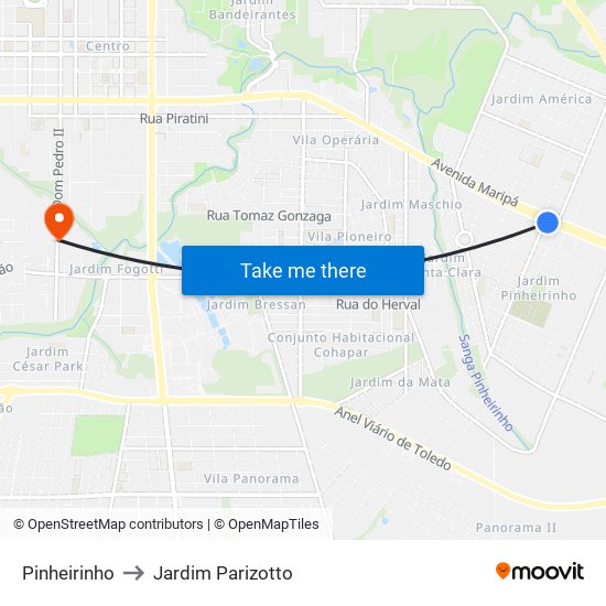 Pinheirinho to Jardim Parizotto map