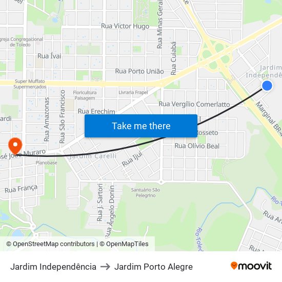 Jardim Independência to Jardim Porto Alegre map