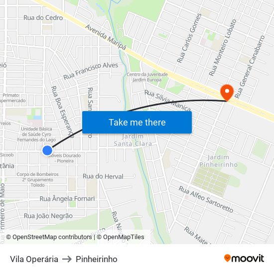 Vila Operária to Pinheirinho map
