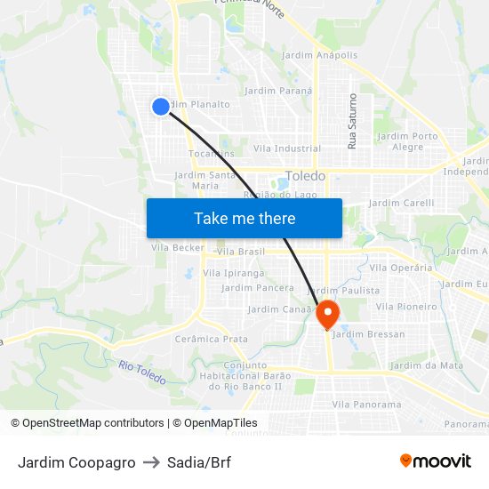 Jardim Coopagro to Sadia/Brf map