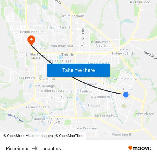 Pinheirinho to Tocantins map