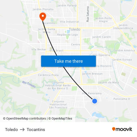 Toledo to Tocantins map
