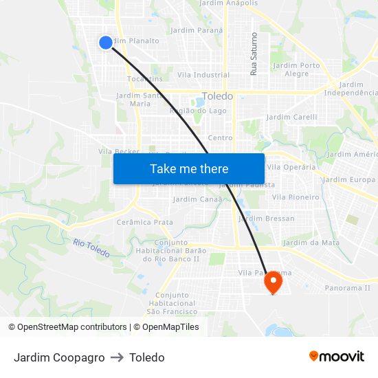 Jardim Coopagro to Toledo map
