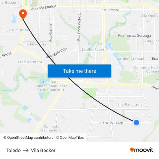 Toledo to Vila Becker map