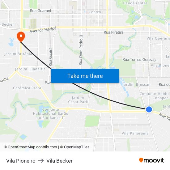 Vila Pioneiro to Vila Becker map