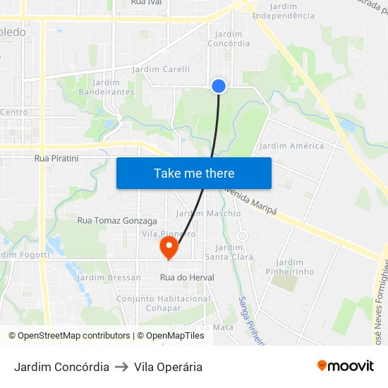 Jardim Concórdia to Vila Operária map