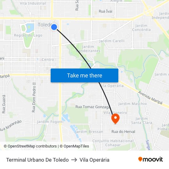 Terminal Urbano De Toledo to Vila Operária map