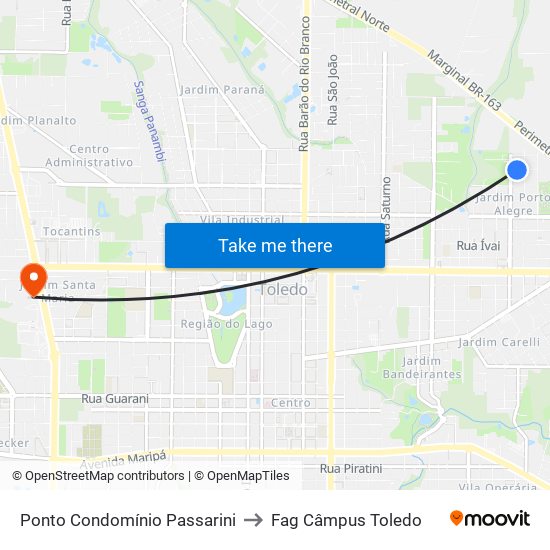 Ponto Condomínio Passarini to Fag Câmpus Toledo map