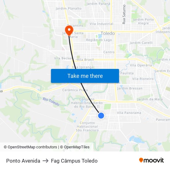 Ponto Avenida to Fag Câmpus Toledo map