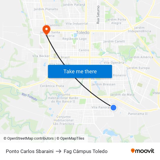 Ponto Carlos Sbaraini to Fag Câmpus Toledo map
