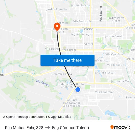 Rua Matias Fuhr, 328 to Fag Câmpus Toledo map