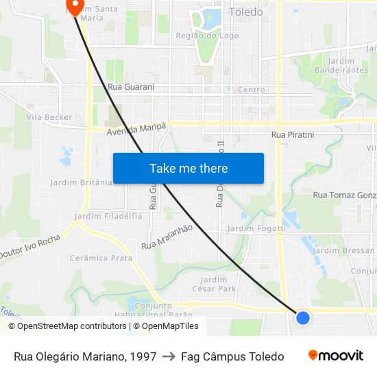 Rua Olegário Mariano, 1997 to Fag Câmpus Toledo map