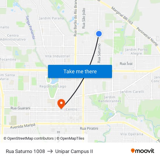 Rua Saturno 1008 to Unipar Campus II map