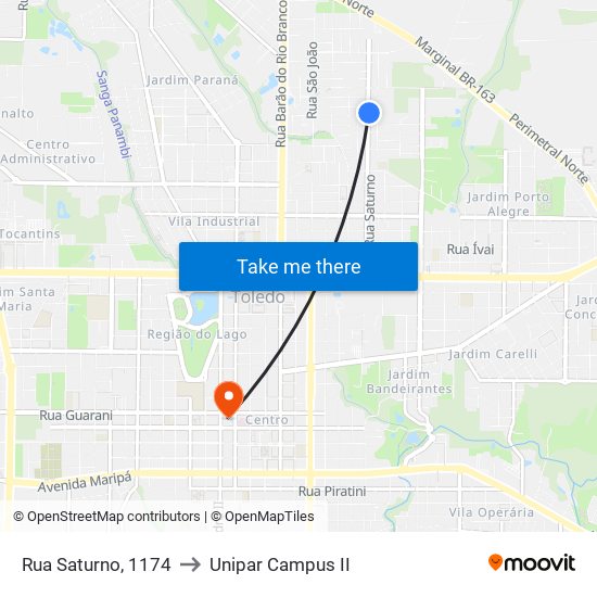 Rua Saturno, 1174 to Unipar Campus II map