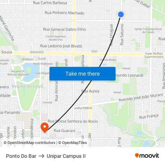 Ponto Do Bar to Unipar Campus II map