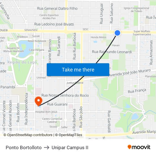 Ponto Bortolloto to Unipar Campus II map