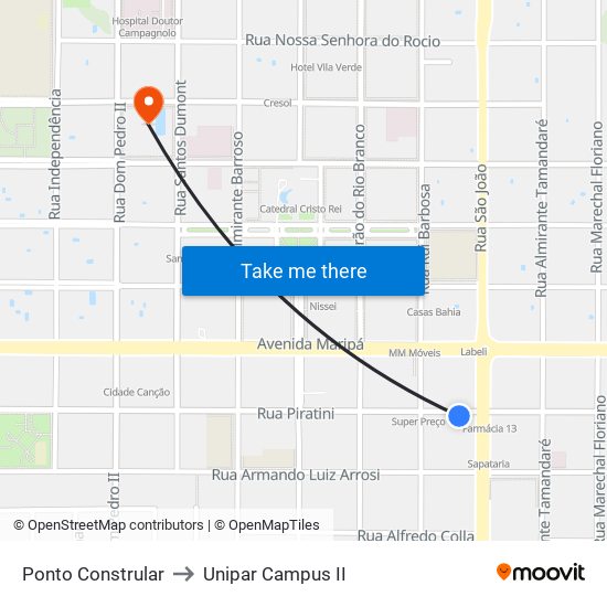 Ponto Constrular to Unipar Campus II map