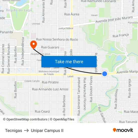 Tecnigas to Unipar Campus II map