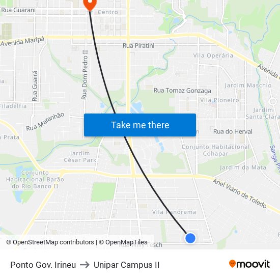 Ponto Gov. Irineu to Unipar Campus II map