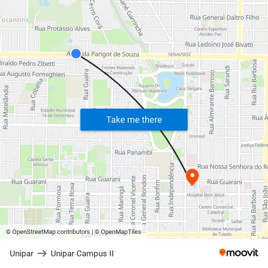 Unipar to Unipar Campus II map