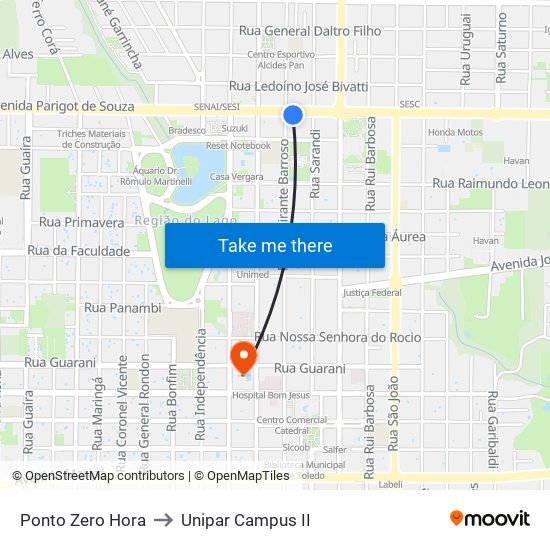 Ponto Zero Hora to Unipar Campus II map