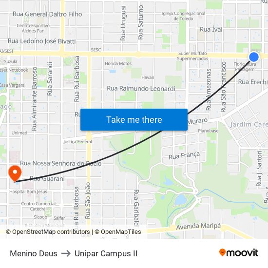 Menino Deus to Unipar Campus II map