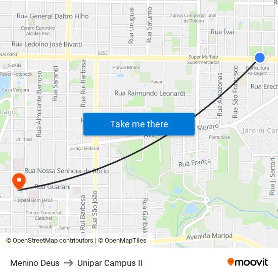 Menino Deus to Unipar Campus II map