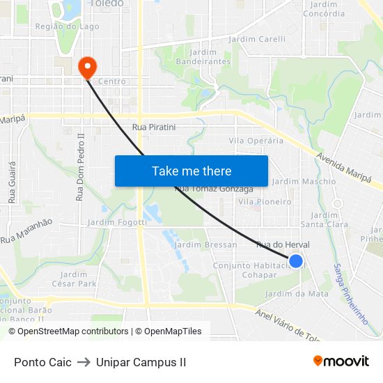 Ponto Caic to Unipar Campus II map