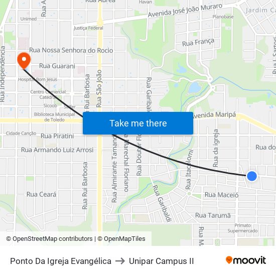 Ponto Da Igreja Evangélica to Unipar Campus II map