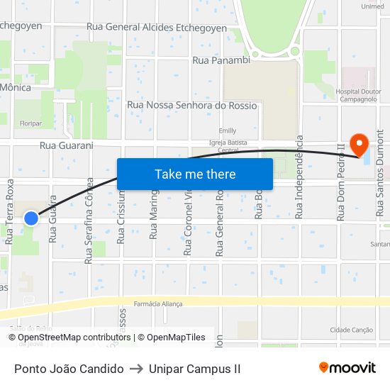 Ponto João Candido to Unipar Campus II map
