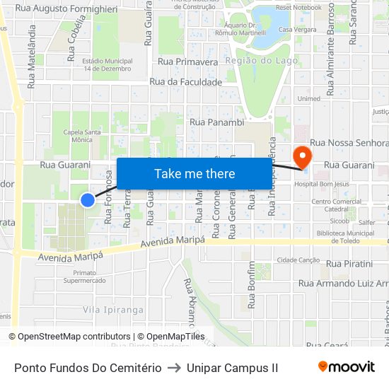 Ponto Fundos Do Cemitério to Unipar Campus II map