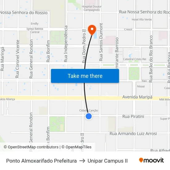 Ponto Almoxarifado  Prefeitura to Unipar Campus II map