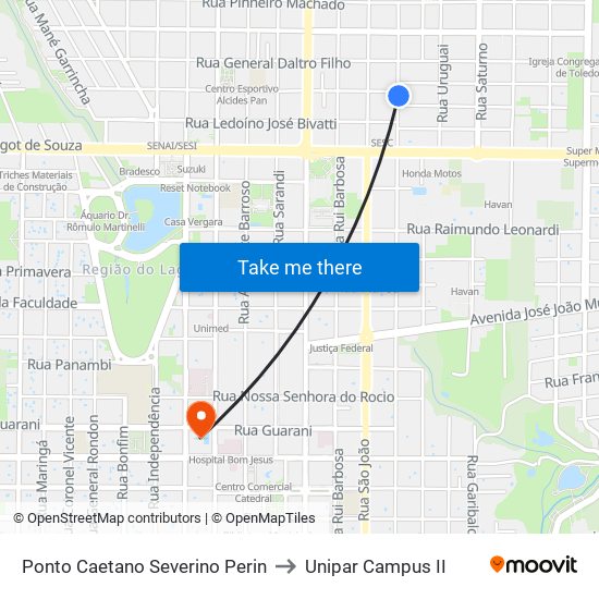 Ponto  Caetano Severino Perin to Unipar Campus II map