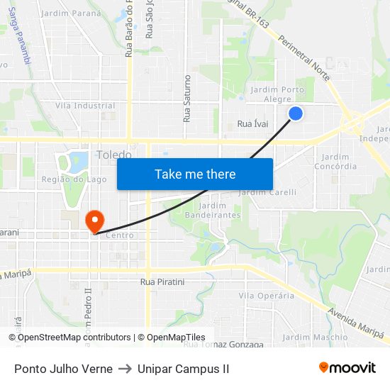 Ponto Julho Verne to Unipar Campus II map