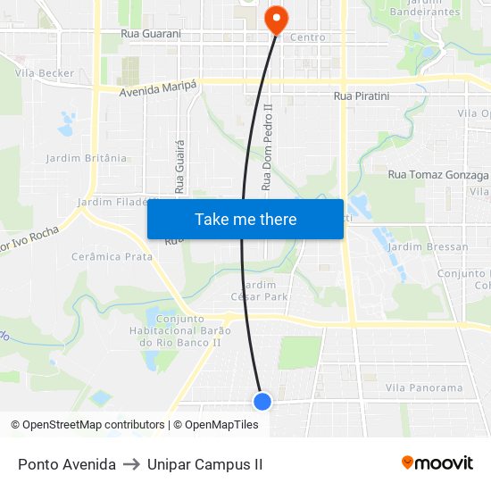 Ponto Avenida to Unipar Campus II map