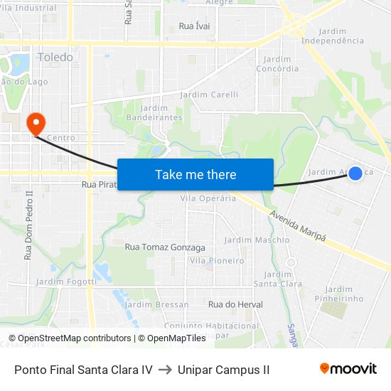 Ponto Final Santa Clara IV to Unipar Campus II map