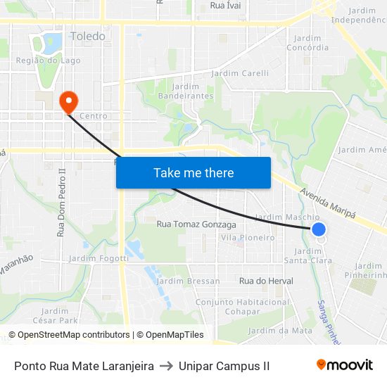 Ponto Rua Mate Laranjeira to Unipar Campus II map